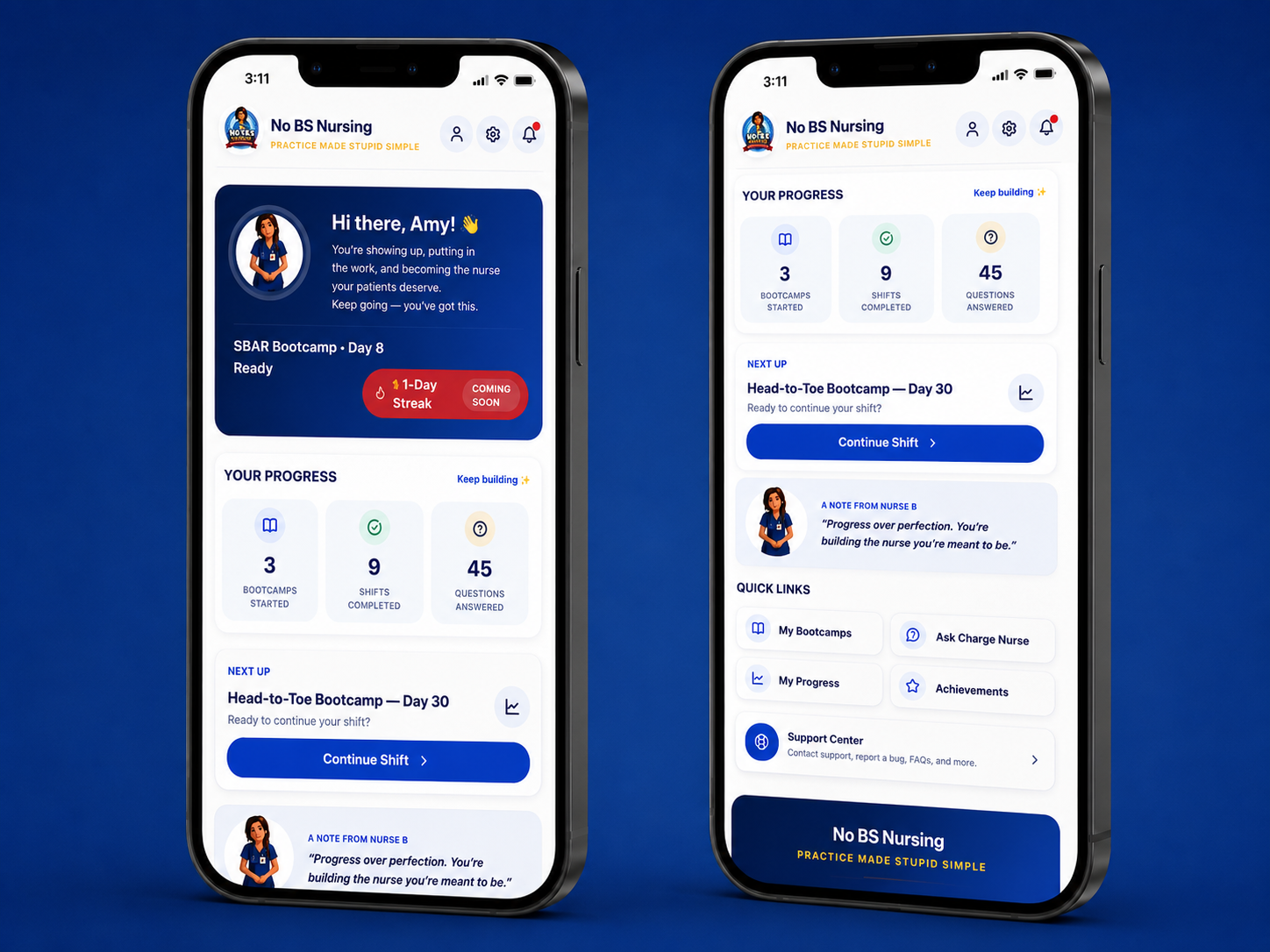 No BS Nursing app shown on two phones
