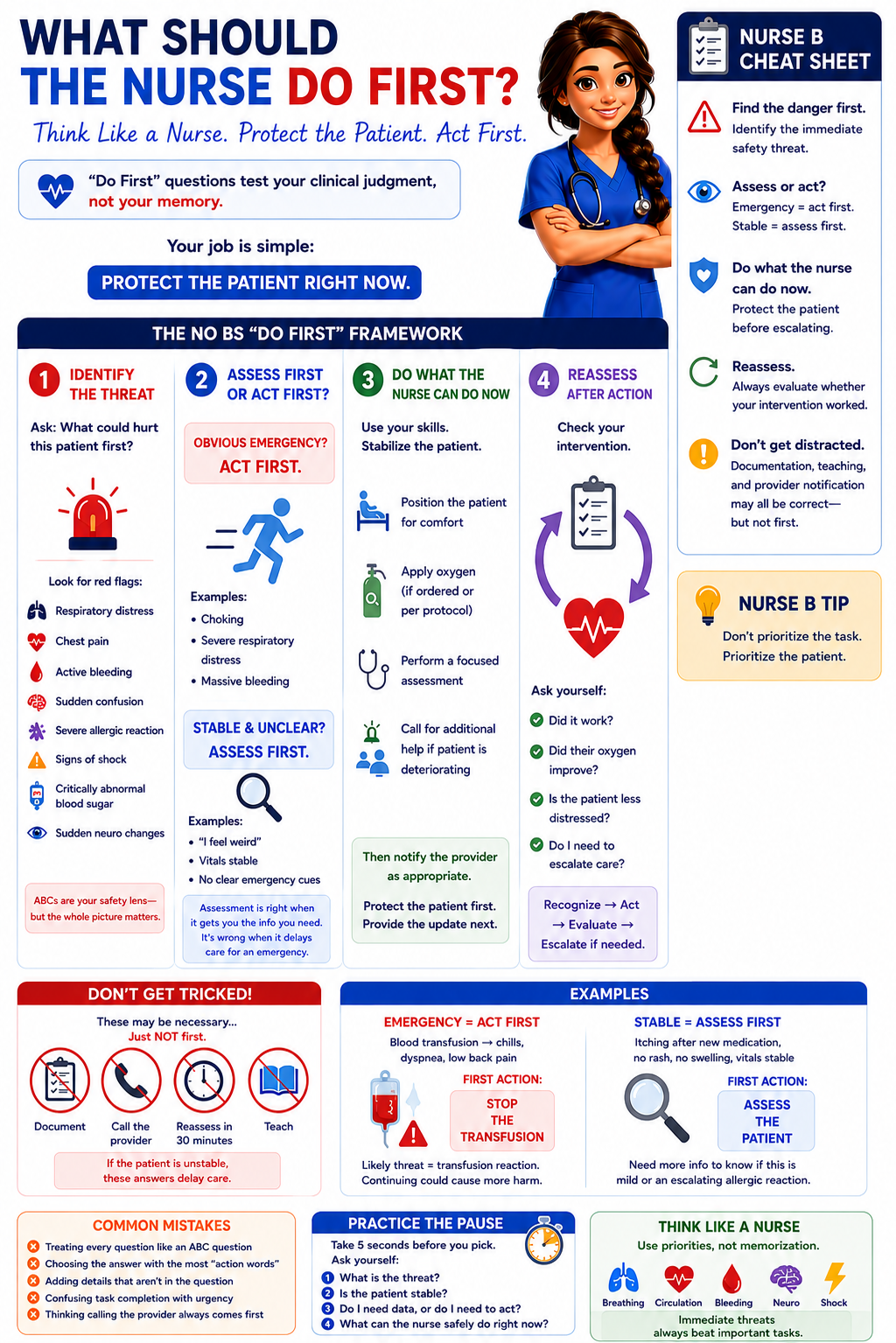 What Should the Nurse Do First? A No BS Guide to Priority Questions — infographic from No BS Nursing featuring Nurse B.