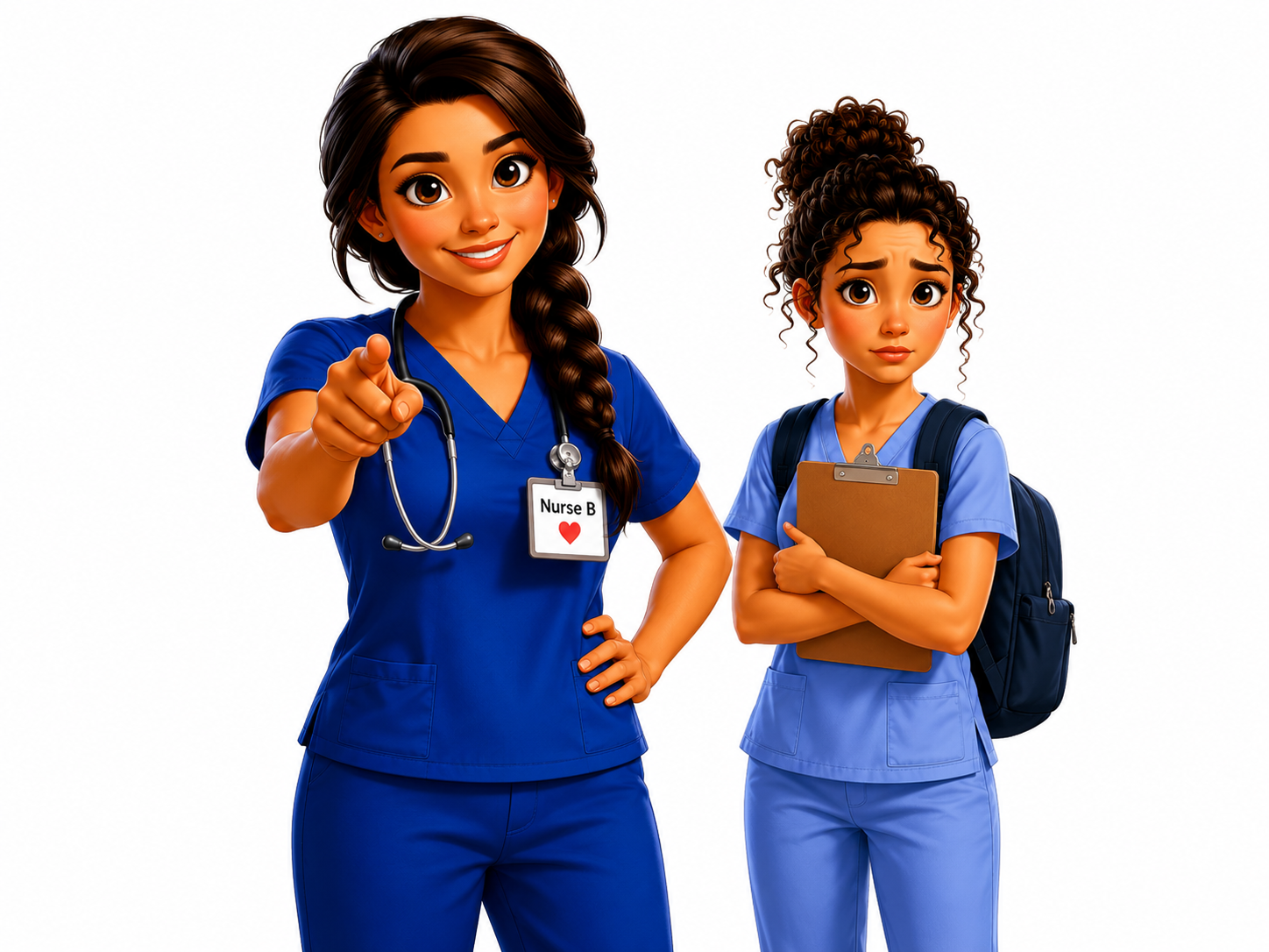 Nurse B pointing forward next to a nursing student holding a clipboard